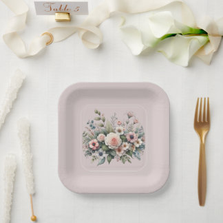 Dusty Rose Botanical Wedding Floral Watercolor Paper Plate