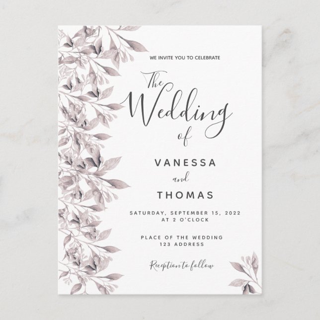 Dusty rose botanical white wedding invitation postcard (Front)