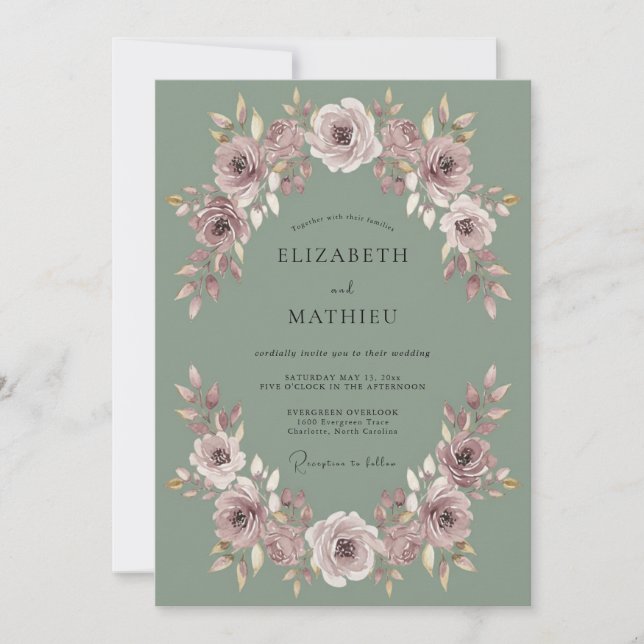 Dusty Rose Botanical Wreath Wedding Invitation (Front)