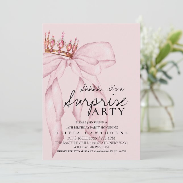 Dusty Rose Bow Surprise Birthday Party  Invitation (Standing Front)
