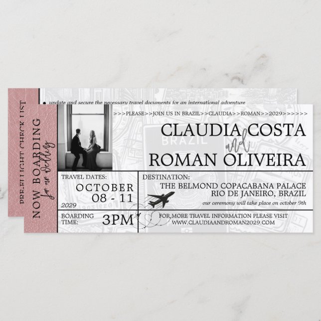 Dusty Rose Brazil Wedding Boarding Pass Invitation (Front/Back)