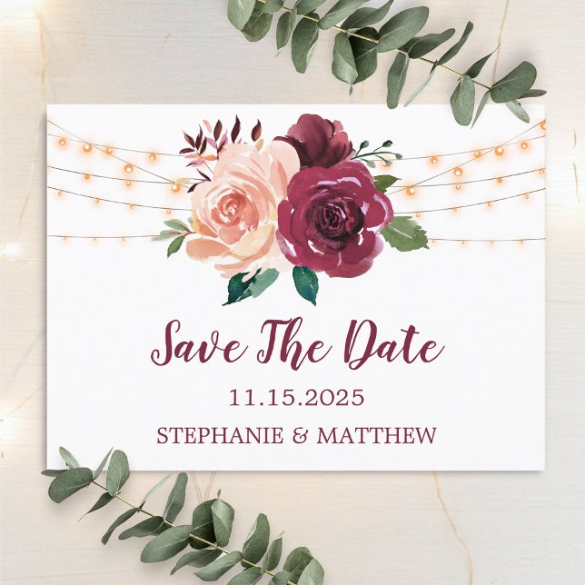 Dusty Rose Burgundy Botanical Lights Save The Date Announcement Postcard (Creator Uploaded)
