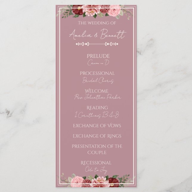 Dusty Rose Burgundy Floral Wedding Ceremony Progra Programme (Front)