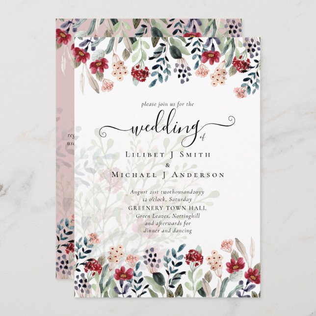 Dusty Rose Burgundy Floral Wedding Invitation (Front/Back)