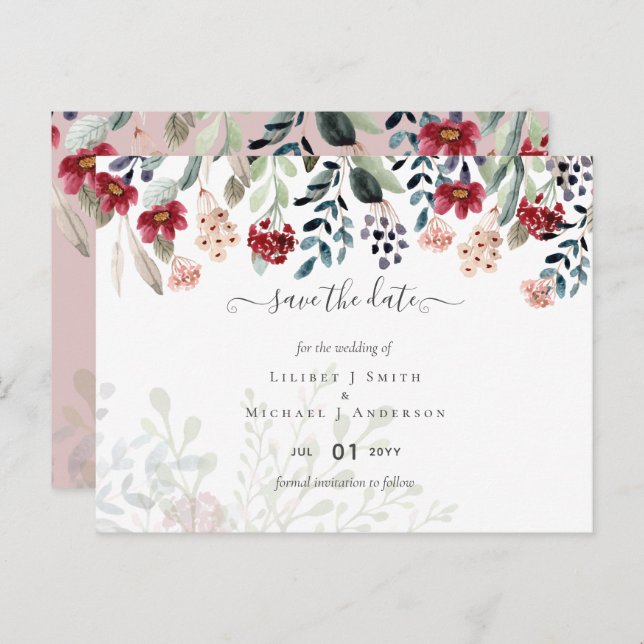 Dusty Rose Burgundy Floral Wedding Postcard (Front/Back)