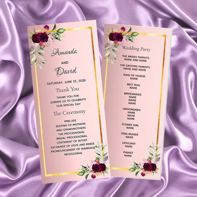 Dusty rose burgundy florals wedding program rack card (Creator Uploaded)