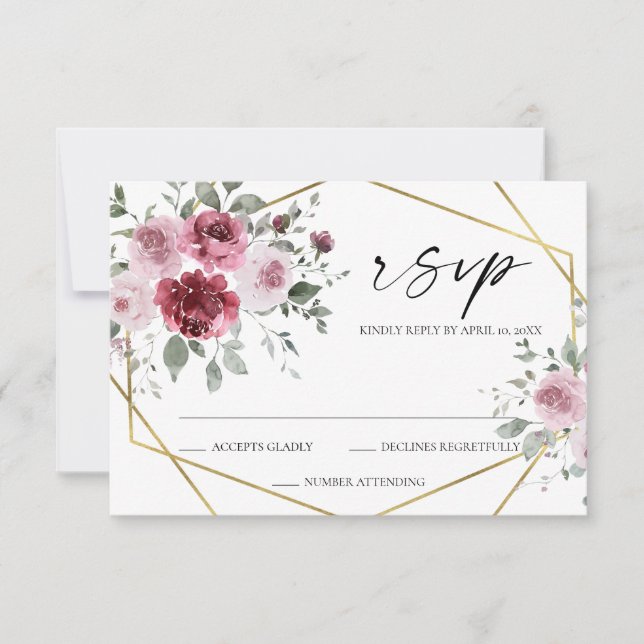 Dusty Rose Burgundy Gold Floral Wedding RSVP Card (Front)