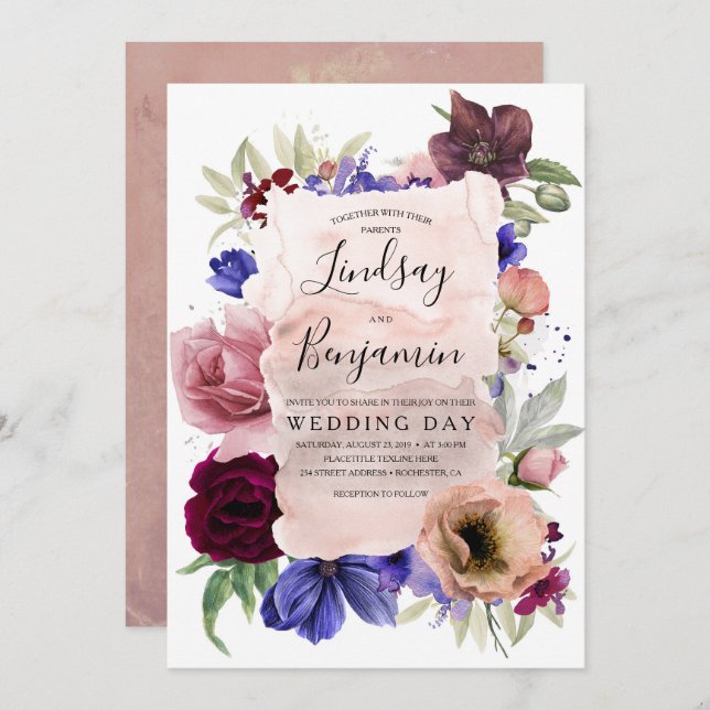 Dusty Rose Burgundy Red and Navy Floral Wedding Invitation (Front/Back)