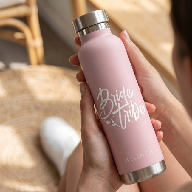 Dusty Rose Calligraphy Bride Tribe Bachelorette Water Bottle (Creator Uploaded)