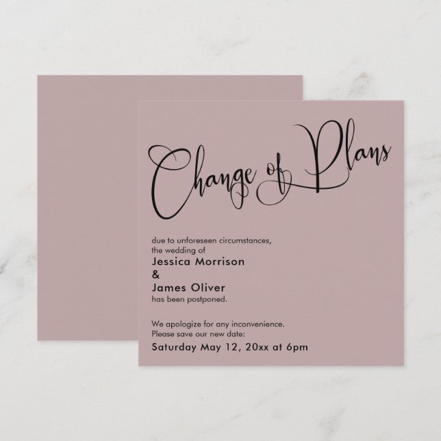 Dusty Rose Change of Plans Postponed Wedding Card (Front/Back)