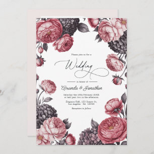 Dusty Rose & Charcoal Gray Floral Wedding Photo Invitation