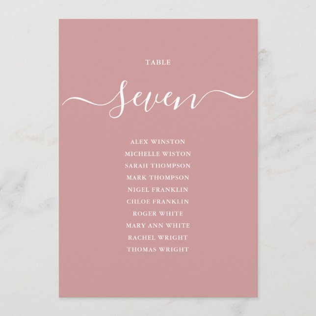Dusty Rose Chic Script Table Number Seating Chart (Front)