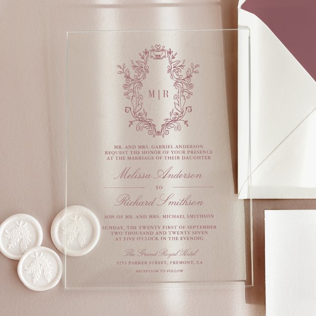Dusty Rose Chinoiserie Crest Monogram Wedding Acrylic Invitations (Creator Uploaded)