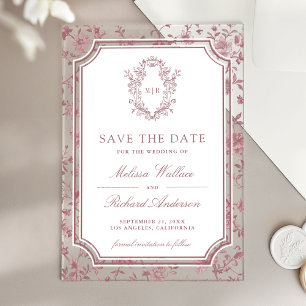 Dusty Rose Chinoiserie Crest Wedding Save the Date Acrylic Invitations