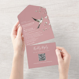 Dusty Rose Chinoiserie Floral QR Code Wedding All In One Invitation