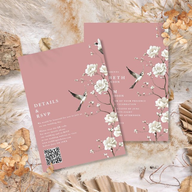 Dusty Rose Chinoiserie Floral QR Code Wedding Invitation (Dusty Rose Chinoiserie Floral QR Code Wedding Invitation)