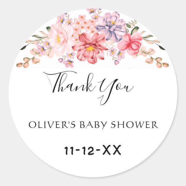 Dusty Rose Colour Floral Baby Shower Thank You Cla Classic Round Sticker (Front)
