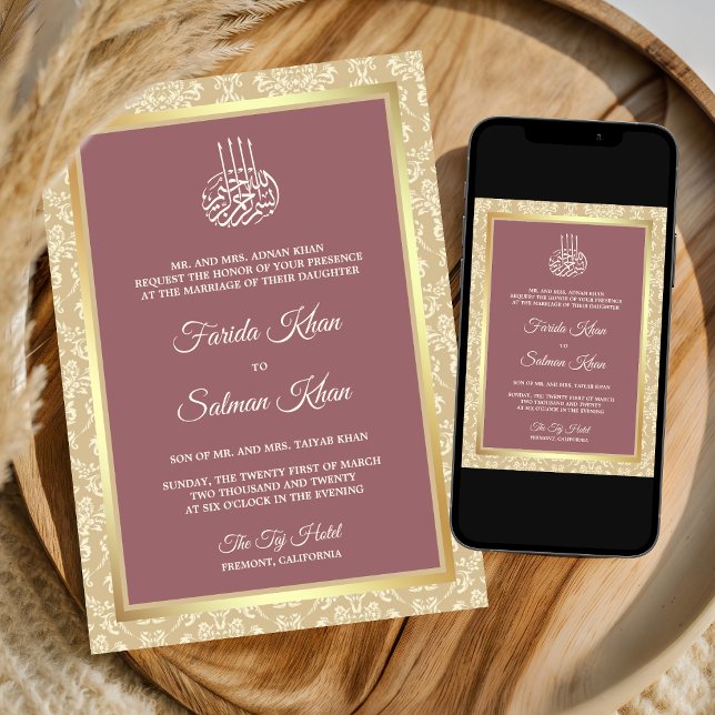 Dusty Rose Cream Damask Islamic Muslim Wedding Invitation (Creator Uploaded)