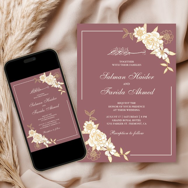 Dusty Rose Cream Floral Branch Muslim Wedding Invitation (Creator Uploaded)