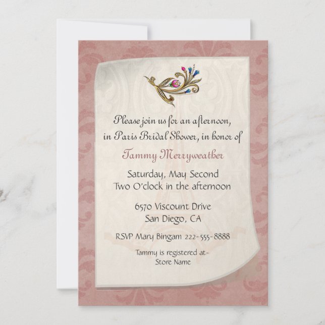 Dusty Rose Damask Bridal Shower Invitation (Front)