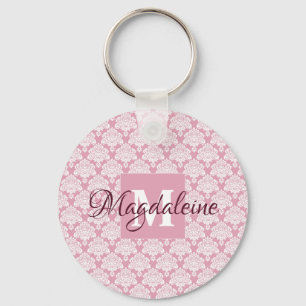 Dusty Rose Damask Lace Pattern Monogram & Name Key Ring