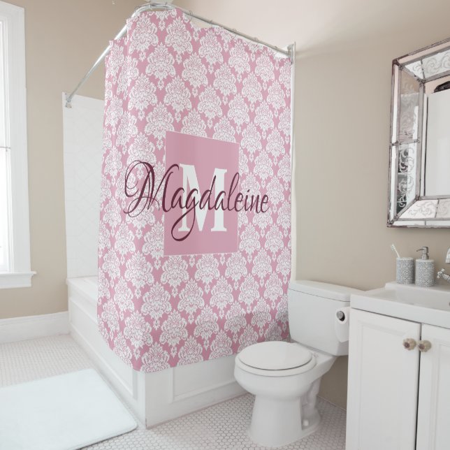 Dusty Rose Damask Monogrammed Shower Curtain (In Situ)