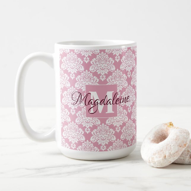 Dusty Rose Damask Mug with Monogram and Name (With Donut)