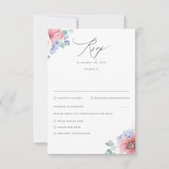 Dusty Rose Dusty Blue Floral Wedding RSVP Card (Front)