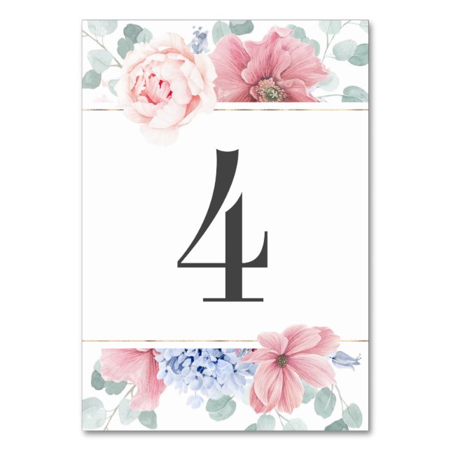 Dusty Rose Dusty Blue Floral Wedding Table Number (Front)
