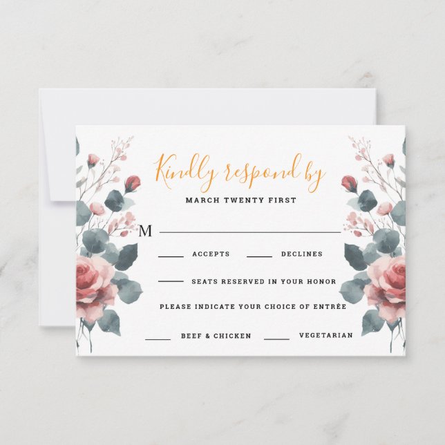 Dusty Rose Elegant 2 Meal Choice Greenery Floral RSVP Card (Front)