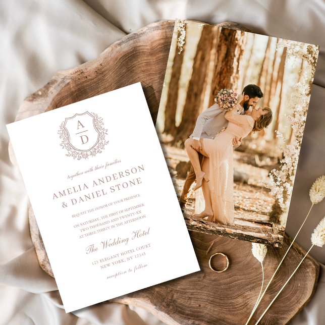Dusty Rose Elegant Floral Crest Monogram Wedding  Invitation (Creator Uploaded)