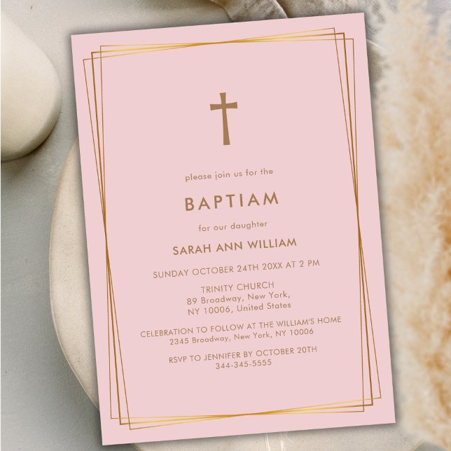 Dusty Rose Elegant Gold Typography Cross Baptism Invitation (Dusty Rose Elegant Gold Typography Cross Baptism Invitation)