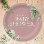 Dusty Rose Elegant Greenery Girl Baby Shower Paper Plate<br><div class="desc">An elegant baby shower paper plate featuring chic typography and pretty botanical greenery foliage on a dusty rose pink background. Designed by Thisisnotme©</div>