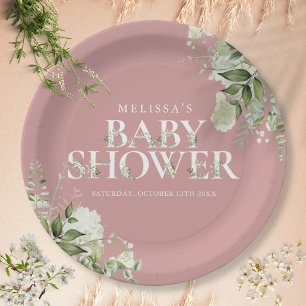 Dusty Rose Elegant Greenery Girl Baby Shower Paper Plate