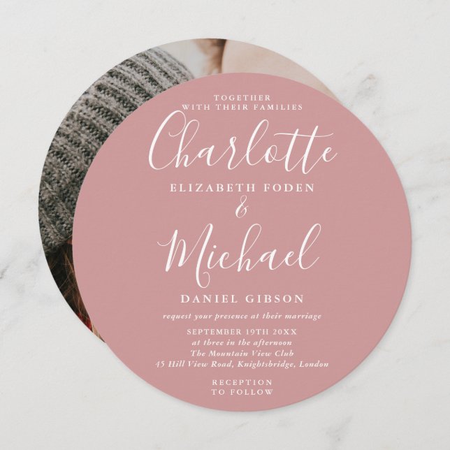 Dusty Rose Elegant Script Circular Photo Wedding Invitation (Front/Back)