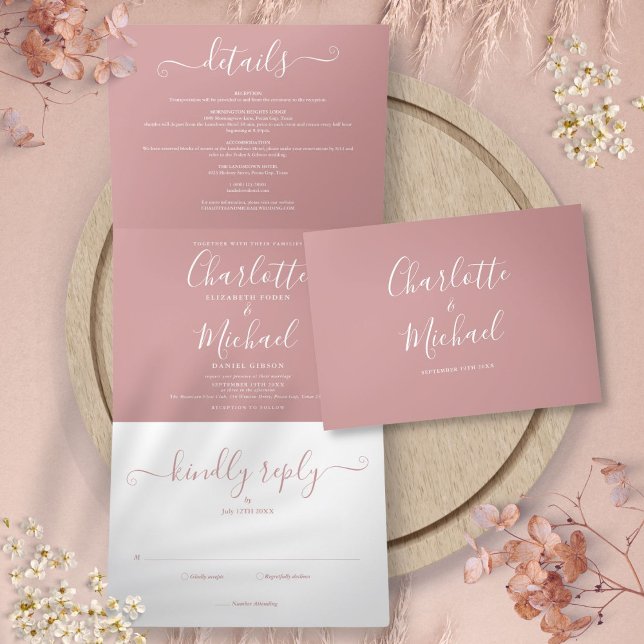 Dusty Rose Elegant Script Monogram Wedding Tri-Fold Invitation (Dusty Rose Elegant Script Monogram Wedding Tri-Fold Invitation)