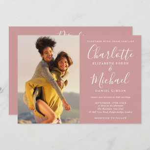 Dusty Rose Elegant Script Photo Wedding All In One Invitation