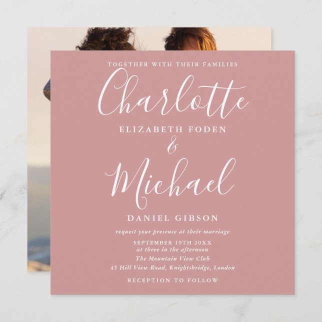 Dusty Rose Elegant Script Wedding Photo Invitation (Front/Back)