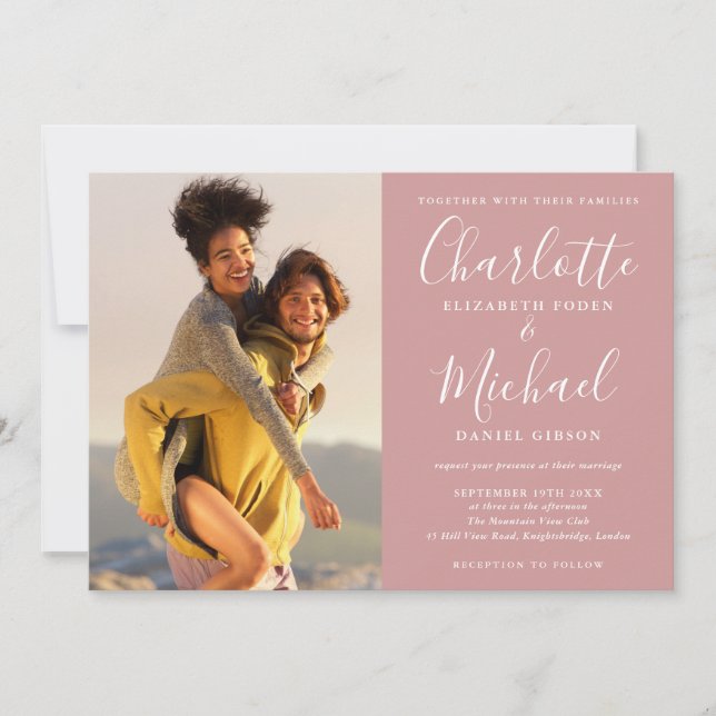 Dusty Rose Elegant Signature Script Photos Wedding Invitation (Front)