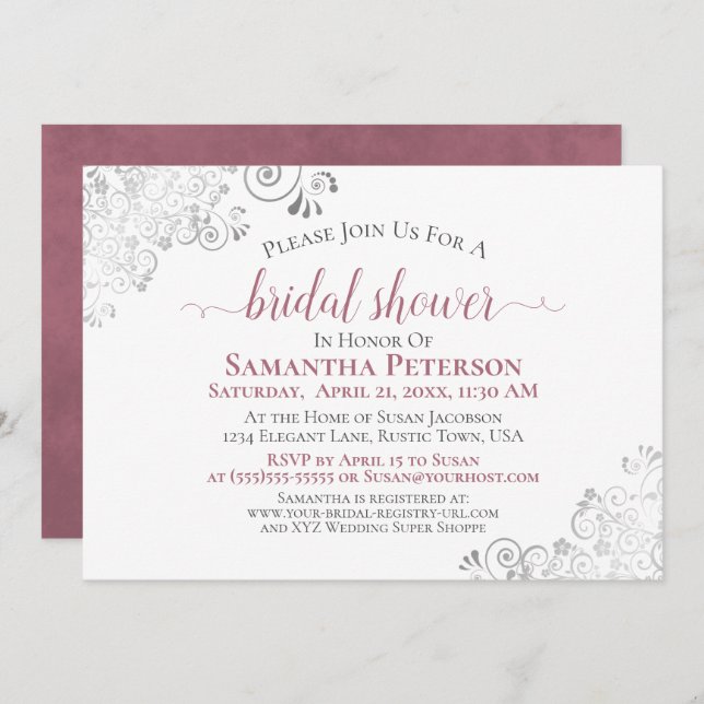 Dusty Rose Elegant Silver Lace White Bridal Shower Invitation (Front/Back)