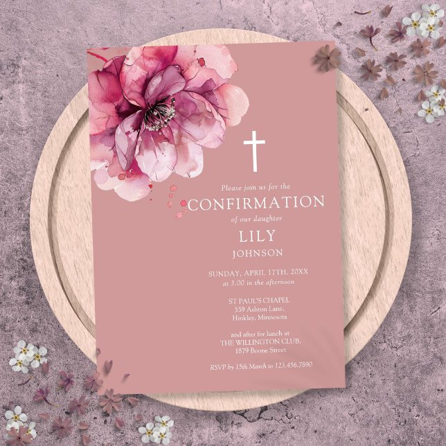 Dusty Rose Elegant Watercolor Floral Confirmation Invitation (Dusty Rose Elegant Watercolor Floral Confirmation Invitation)