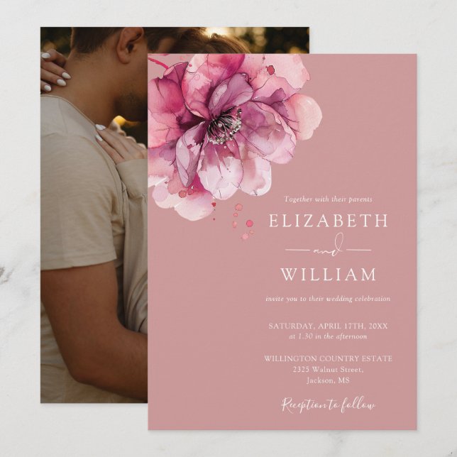 Dusty Rose Elegant Watercolor Floral Photo Wedding Invitation (Front/Back)