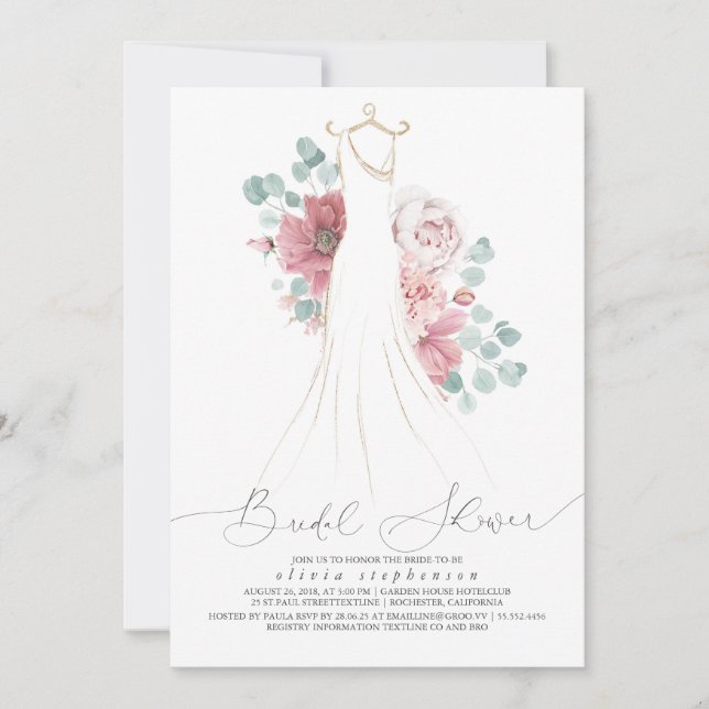 Dusty Rose Elegant Wedding Dress Bridal Shower Invitation (Front)
