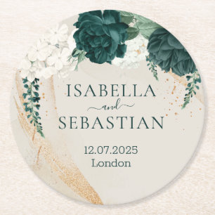 Dusty Rose Emerald Botanical Wedding Round Paper Coaster