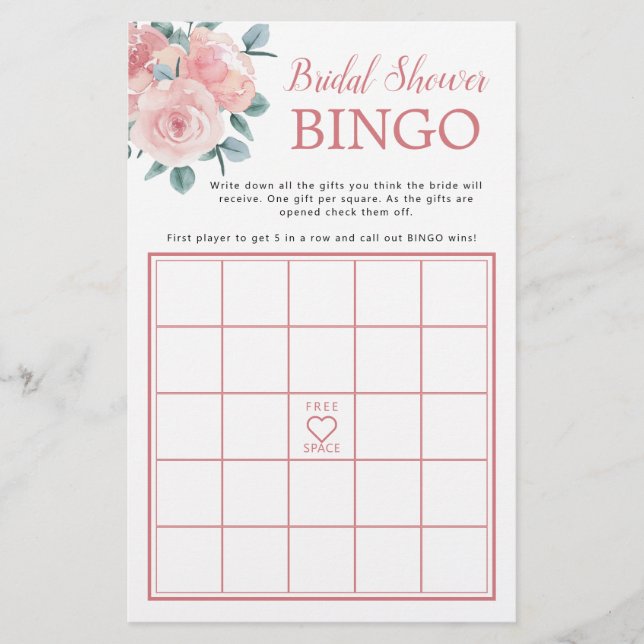 Dusty Rose Eucalyptus Bridal Shower Bingo Game (Front)