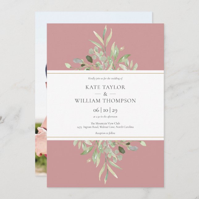 Dusty Rose Eucalyptus Greenery Photo Wedding Invitation (Front/Back)