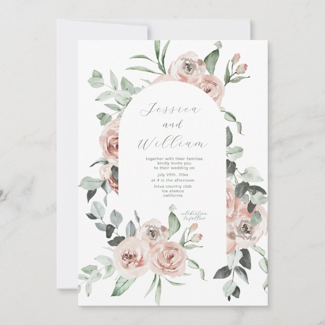 Dusty Rose Eucalyptus Script QR Code Wedding   Invitation (Front)