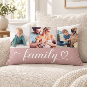 Dusty Rose Family Heart 3 Photo Collage Lumbar Cushion