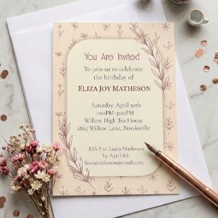 Dusty Rose Feminine & Floral Botanical Birthday Invitation