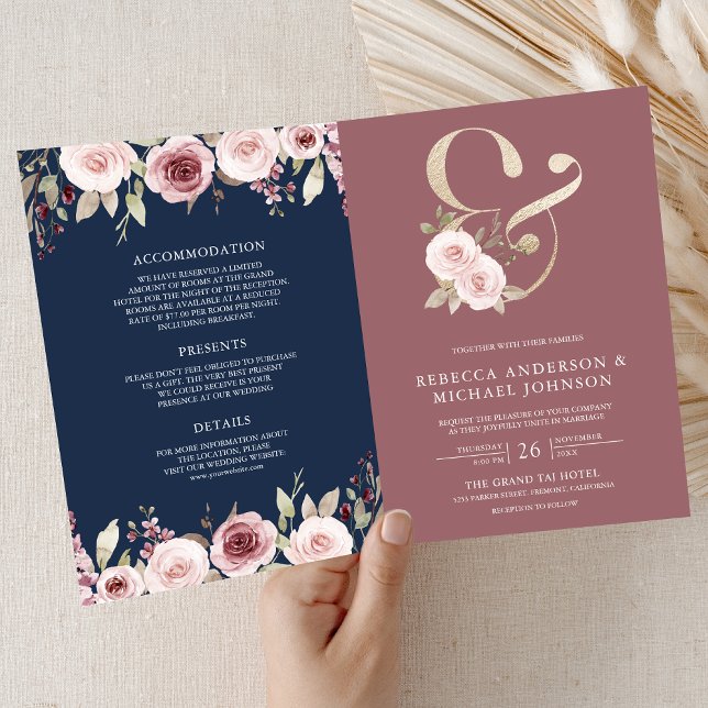 Dusty Rose Floral Ampersand QR Code Navy Wedding Invitation (Creator Uploaded)
